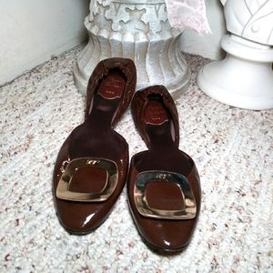 Roger Vivier Chips Brown Patent Gold Buckle D'Orsay Ballerina Flats